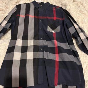 Check Stretch Cotton Poplin Shirt Color: Navy XL